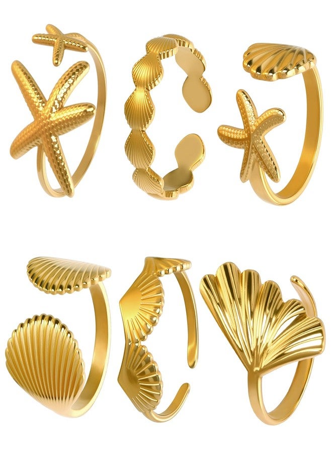 Jansun 6 PCS Gold Seashell Rings for Women 18k Gold Plated Seashell Ginkgo Starfish Surf Stackable Dainty Rings, Beachy Summer Jewelry Gift - Image 1